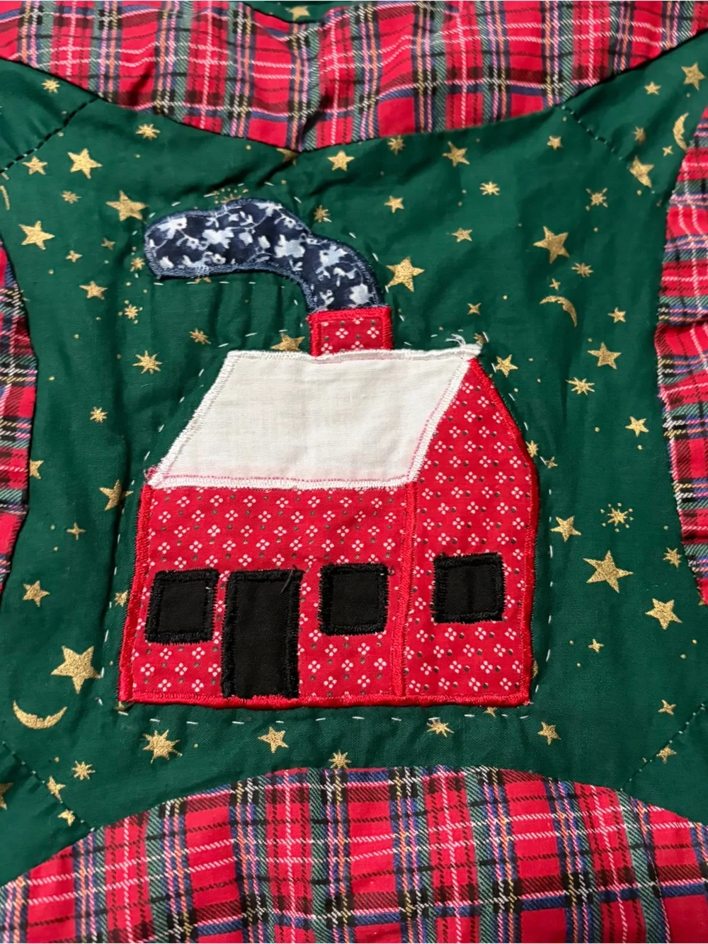 Vtg Hand-Sewn Christmas Quilt Double Wedding Ring Red Green Snowman Train 62x49